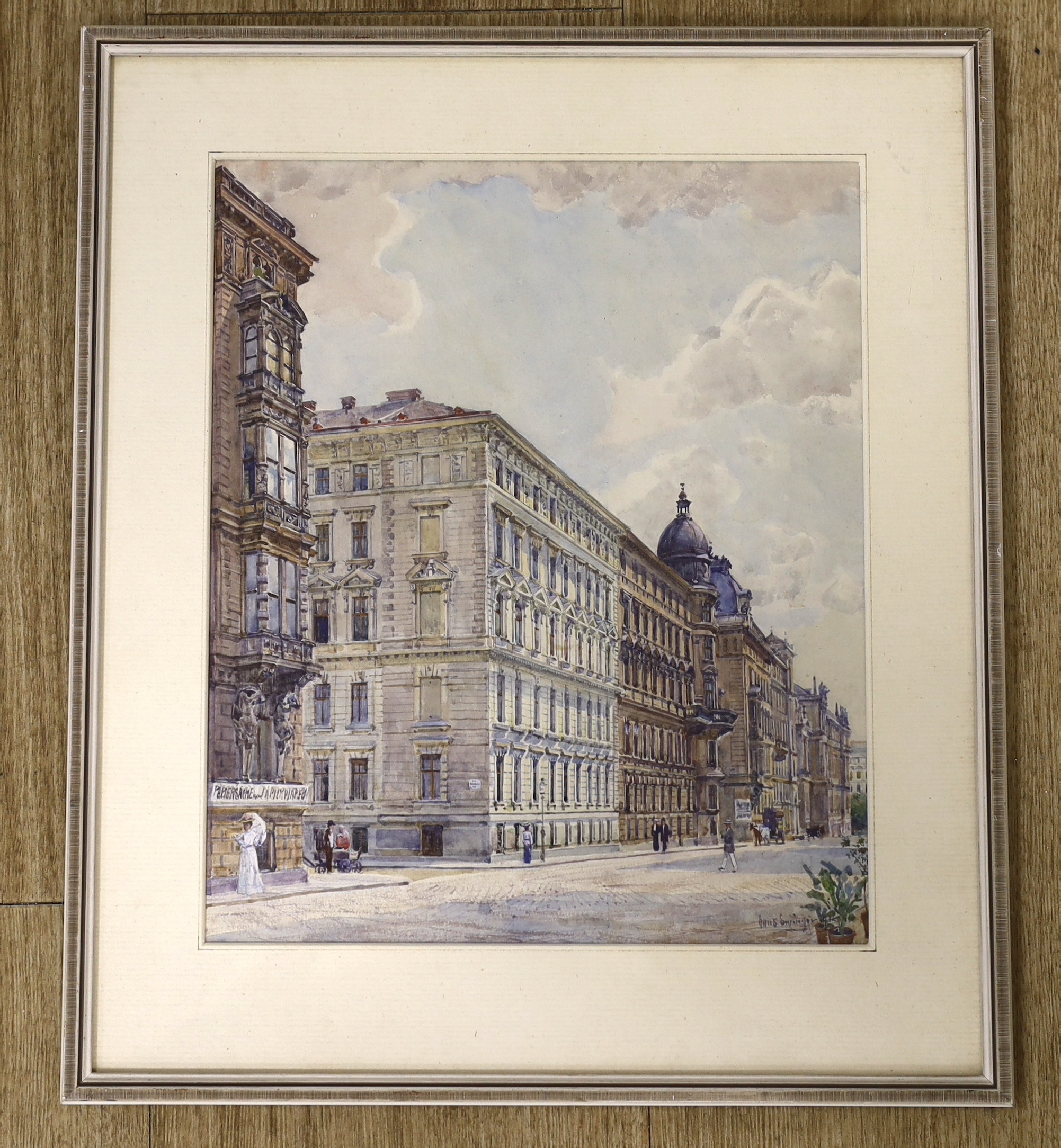 Hans Enzinger (Austrian, 1889-1972), watercolour, Viennese street scene, signed, 29 x 24cm